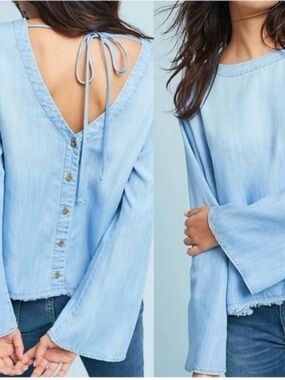 Cloth & Stone Top Women’s M Blue Flare Cropped Raw Hem Boho Lyocell Chambray